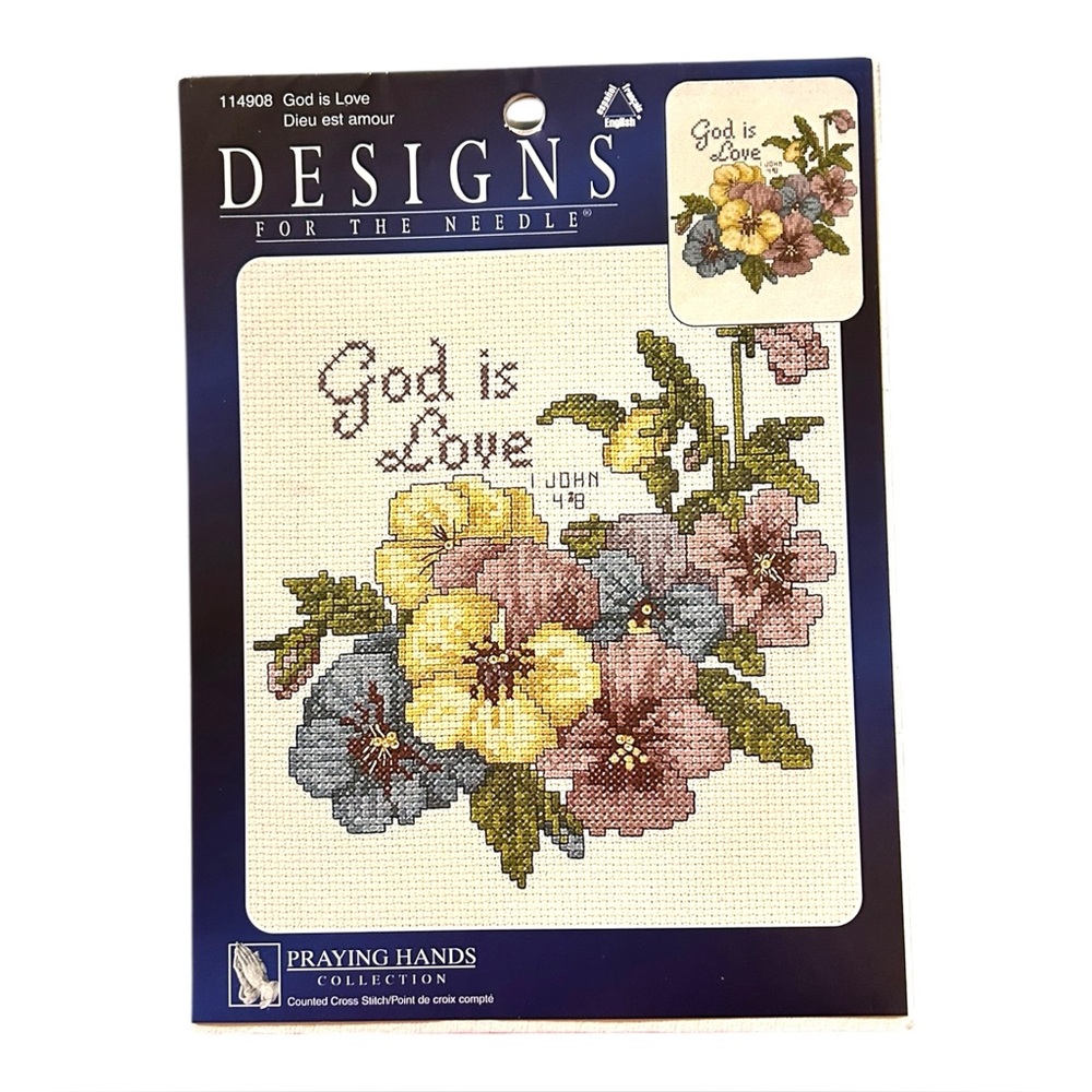 Counted Cross Stitch Kit - God Is Love -Leisure Arts religious Pansies 8”x8”